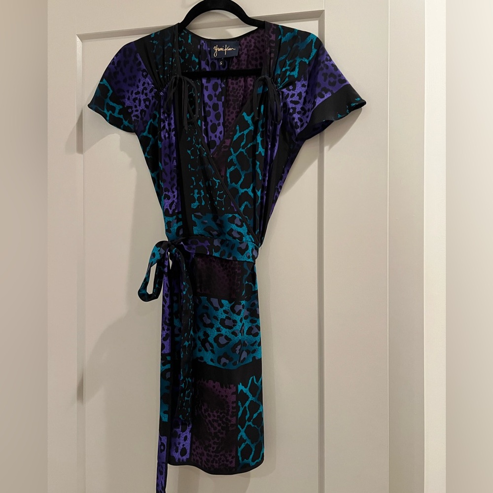 Yumi Kim 100% Silk Animal Print Color Block Wrap Dress, Leopard Print
